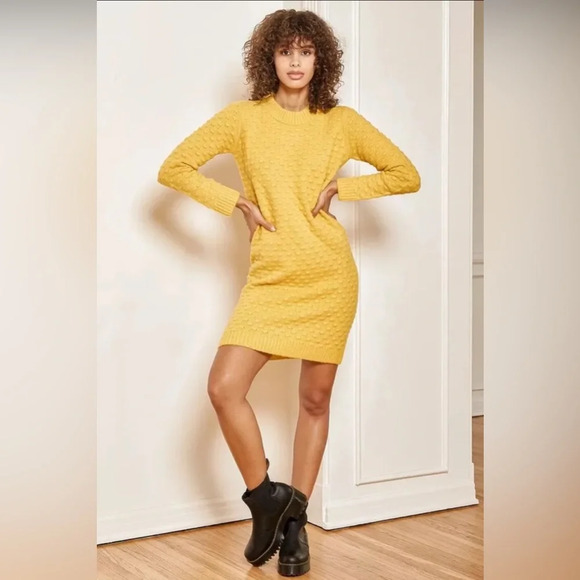 Lulus Always With Me Mustard Yellow Bubble Knit Mini Sweater Dress Size Medium - Picture 1 of 10